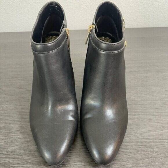 Vince Camuto Coorin Black Leather Ankle Boots 9.5 Gold Zip Block Heel Timeless - Picture 4 of 12